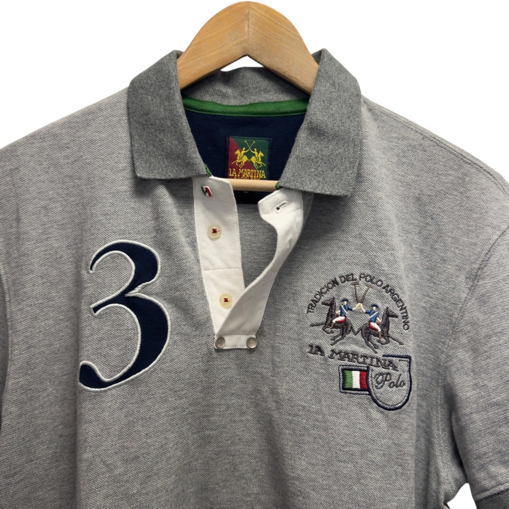 La Martina Men's Size Large Gray Polo Shirt International Polo Tour Crest euc
